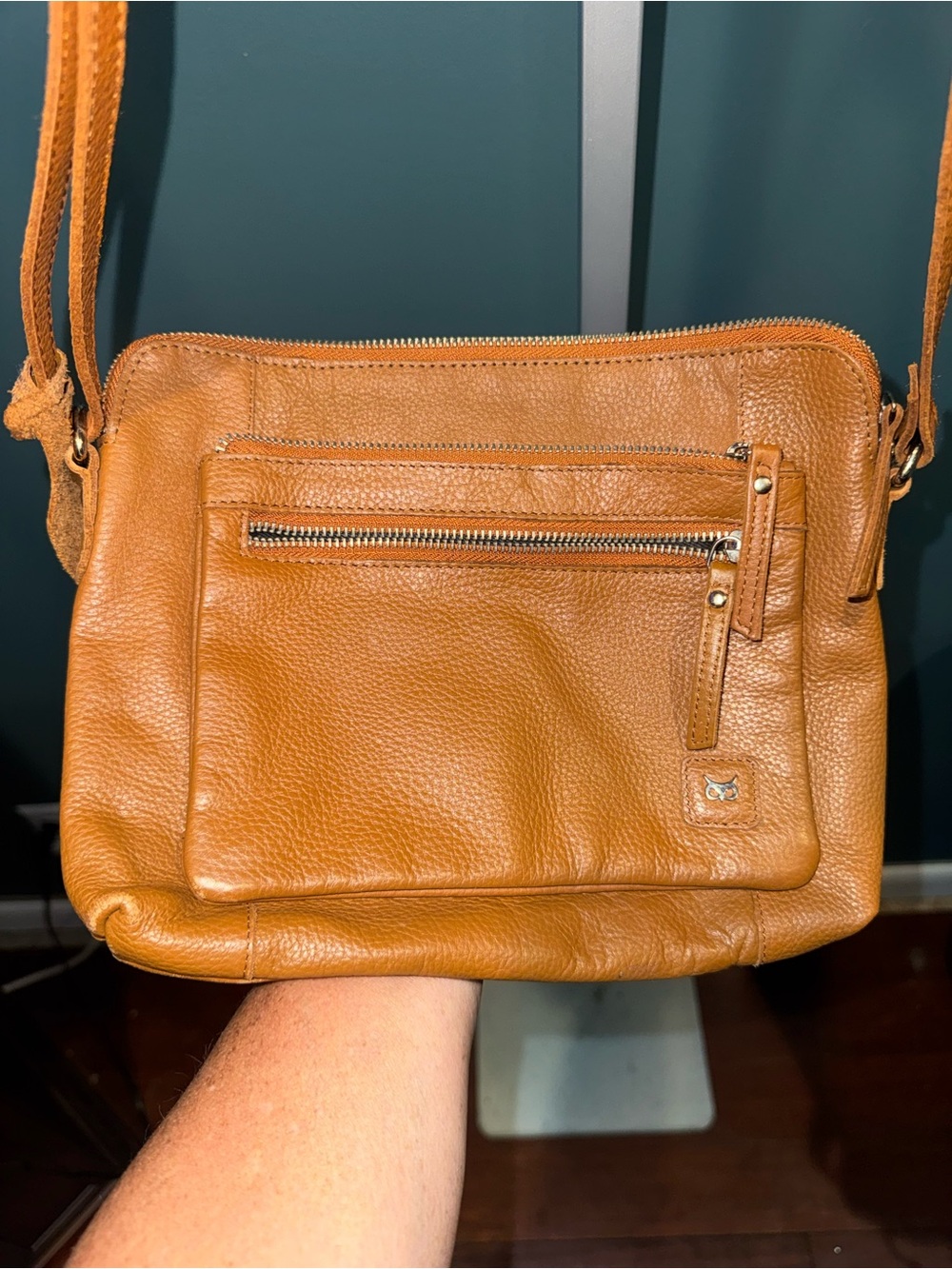 Wise Owl Pebbled Leather Crossbody Bag in Cognac Tan